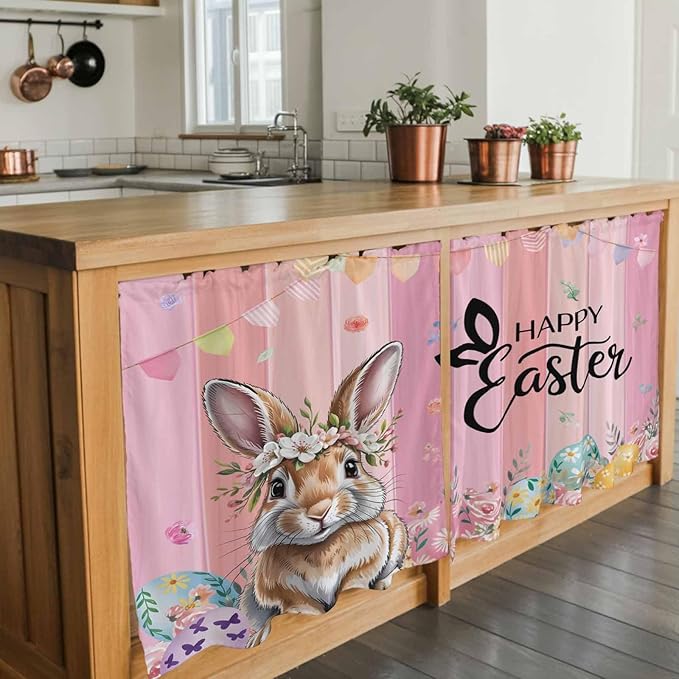 Easter Tier Curtains, Spring Rabbit Eggs Flowers Flags Leaves Wood Grain Light Filtering Kitchen Curtains, 2Pcs Rod Pocket Half Window Treatments Panels for Sink Cafe Cabinet Camper 27.5x24 Inches
