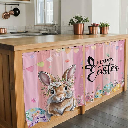 Easter Tier Curtains, Spring Rabbit Eggs Flowers Flags Leaves Wood Grain Light Filtering Kitchen Curtains, 2Pcs Rod Pocket Half Window Treatments Panels for Sink Cafe Cabinet Camper 27.5x24 Inches