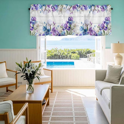 Spring Flowers Curtain Valances for Windows, Kitchen Valance Window Treatment, Watercolor Garden Florals Wooden Grain Light Filtering Block Curtains for Bathroom/Bedroom/Living Room 54'' x 18''