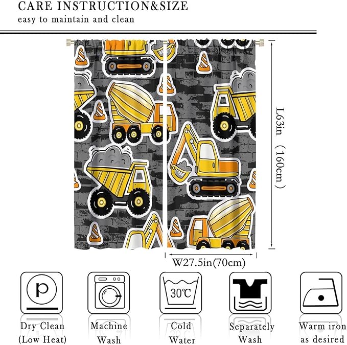 Kids Construction Excavator Window Curtains, Yellow Excavator Transporter Truck Cartoon Vehicles Rod Pocket Decorative Window Curtain for Children Teens Room 55x63in (30% Blackout)