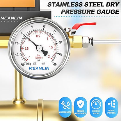 MEANLIN MEASURE -30inHG~30Psi Vacuum Gauge Stainless Steel 1/4" NPT 2" FACE DIAL Waterproof for Air Compressor HVAC Negative Pressure Hand Pump Pool Back Mount with 1/2" NPT and 3/8" NPT Hex Bushing
