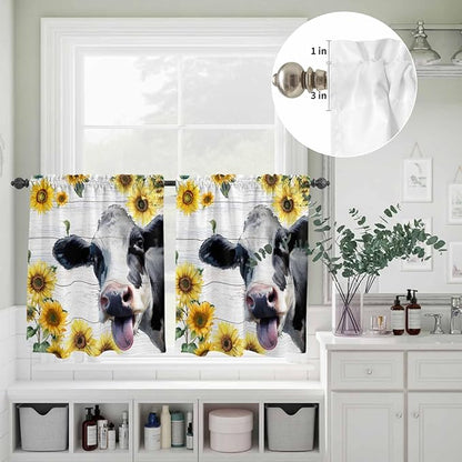 Kitchen Curtains Tiers and Valance Set of 3, Cow Sunflowers Light Filtering Window Curtain Set, Farmhouse Animals Plants Wooden Grain Rod Pocket Curtain Drapes for Cafe, Living Room, 24 Inches Tiers