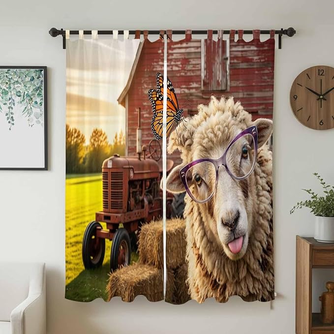 Farm Sheep Living Room Curtains 96 Inch Length, Window Curtains Tab Top, Farmhouse Barn Funny Animals Butterfly Light Filtering Window Treatments Drapes 52"x96" 2 Panel