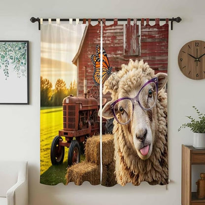 Farm Sheep Living Room Curtains 96 Inch Length, Window Curtains Tab Top, Farmhouse Barn Funny Animals Butterfly Light Filtering Window Treatments Drapes 52"x96" 2 Panel