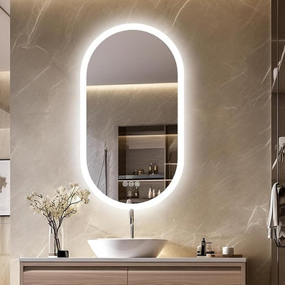 LUVODI Lighted LED Bathroom Mirror: 40x20IN Oval Anti-Fog Dimmable Wall Mounted Makeup Mirror with Backlit - Illuminated 3 Colors Vanity Mirrors with Demister Pad Smart Touch Switch Memory Foam