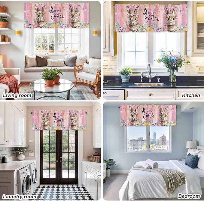 Easter Curtain Valances for Windows, Kitchen Valance Window Treatment, Spring Rabbit Eggs Flowers Flags Leaves Wood Grain Light Filtering Block Curtains for Bathroom/Bedroom/Living Room 60'' x 18''