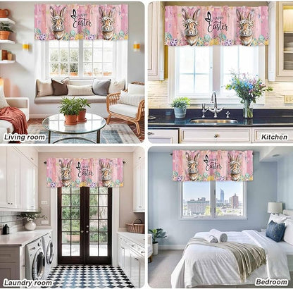 Easter Curtain Valances for Windows, Kitchen Valance Window Treatment, Spring Rabbit Eggs Flowers Flags Leaves Wood Grain Light Filtering Block Curtains for Bathroom/Bedroom/Living Room 42'' x 18''