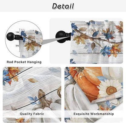 Thanksgiving Pumpkin Window Curtains 72 Inch Long 2 Panel Set,Rod Pocket Long Curtains & Drapes,Fall Maple Leaf Daisy Wooden Grain Light Filtering Window Treatment for Bedroom Living Room 52"W x 72"L