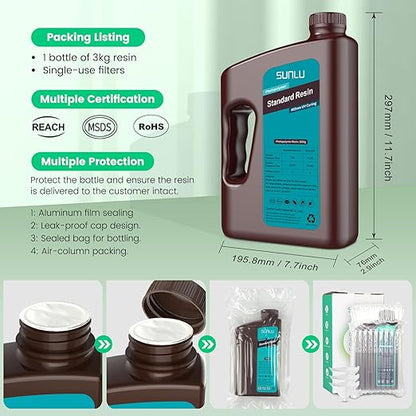 SUNLU 3D Printer Resin 3kg, Fast Curing Standard 3D Resin for Most Resin 3D Printers, 395 to 405nm UV Curing 3D Printing Liquid Photopolymer Resin, Low Shrinkage and High Precision, 3000g, Grey