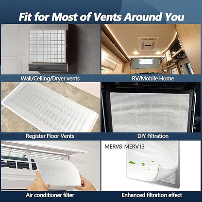 MERV 8 Air Vent Filters Kit 20x100 Inch|Cut to Fit (60+ Filters) Filter Material,High-Grade Electrostatic Filter Media with 48 Hooks for Home Floor, Ceiling, HVAC Furnace Vents & Grilles