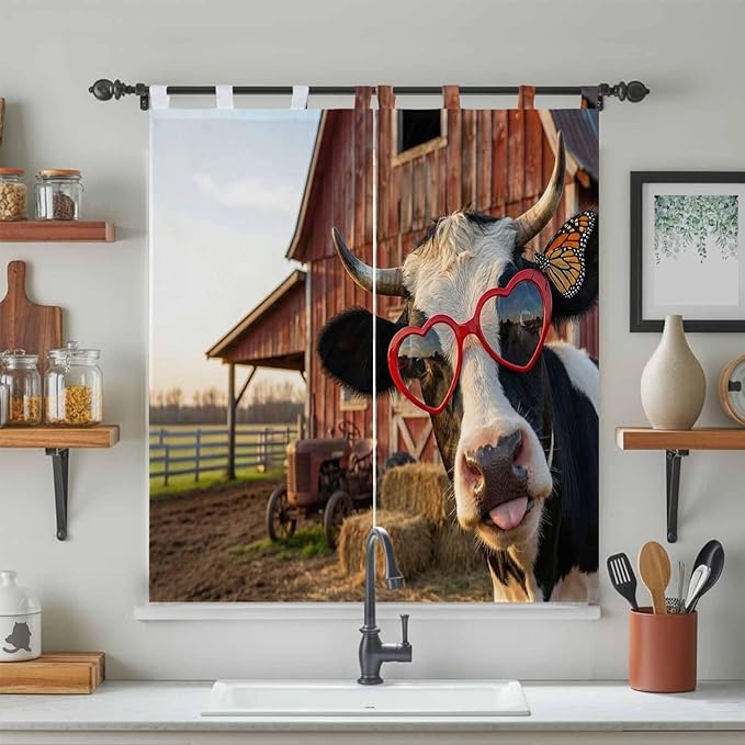 Farm Cows Bedroom Curtains 72 Inch Length, Window Curtains Tab Top, Farmhouse Barn Funny Animals Butterfly Light Filtering Window Treatments Drapes 52"x72" 2 Panel