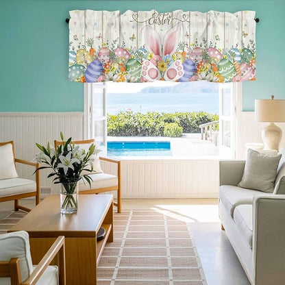 Happy Easter Curtain Valances for Windows, Kitchen Valance Window Treatment, Spring Colorful Eggs Rabbit Ear Feet Flowers Light Filtering Block Curtains for Bathroom/Bedroom/Living Room 42'' x 18''