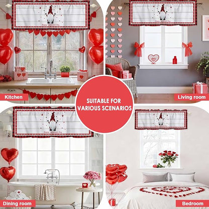 Valentine's Day Valance Curtains for Kitchen, Gnome Red Love Plaid Wood Grain Privacy Rod Pocket Valance Curtain, Light-Filtering Window Treatment for Bedroom Bathroom, 42"x18"