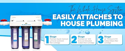 Whole House 3-Stage Water Filtration System, 3/4" port with 2 valves and extra 1 year filter supply (2 sets, 6 pcs)