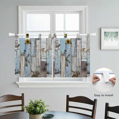 Blue Grey Wooden Kitchen Curtains 24 Inch Length, Small Window Curtains Tab Top, Farmhouse Barn Sunflowers Retro Light Filtering Short Window Treatments Tier Drapes 27.5"x24" 2 Panel
