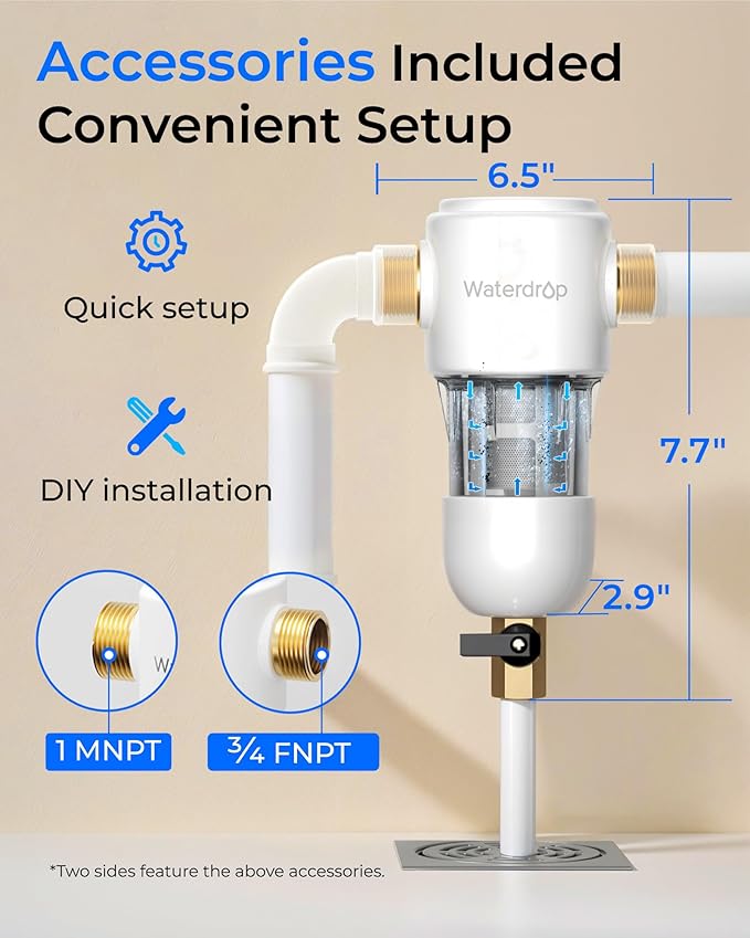 Waterdrop Spin Down Sediment Filter, 50/200 Micron Reusable Whole House Water Filter Sediment System, Flushable Pre-Filter System for City/Well Water,1" MNPT + 3/4" FNPT