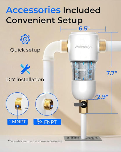 Waterdrop Spin Down Sediment Filter, 50/200 Micron Reusable Whole House Water Filter Sediment System, Flushable Pre-Filter System for City/Well Water,1" MNPT + 3/4" FNPT