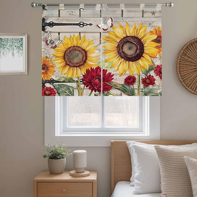 Red Yellow Sunflowers Bedroom Curtains 63 Inch Length, Window Curtains Tab Top, Retro Rustic Barn Doors Butterfly Brown Light Filtering Window Treatments Drapes 42"x63" 2 Panel