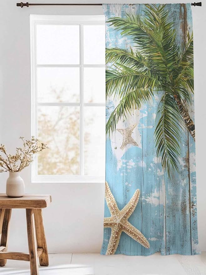 Sheer Curtains 96 Inches Long, Coastal Beach Blue Semi Sheer Curtains Light Filtering Window Treatment, Tropical Coconut Tree Vintage Wood Grain Privacy Voile Drapes for Living Room Bedroom 52x96 Inch