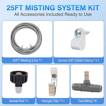 25FT Misters for Outside Patio - 6 Mist Brass Nozzles & 3/4'' Adapter, Water Misters for Cooling Outdoor, Easy to Install, Misting System for Patio, Pool, Garden, Waterpark, Trampoline, Greenhouse