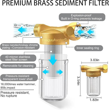 FA21 Washer Water Filter Reusable, brass garden hose filter with 3/4" adapters, 40-50 Micron, inline sediment filter for washing machine shower well water RV Car Wash