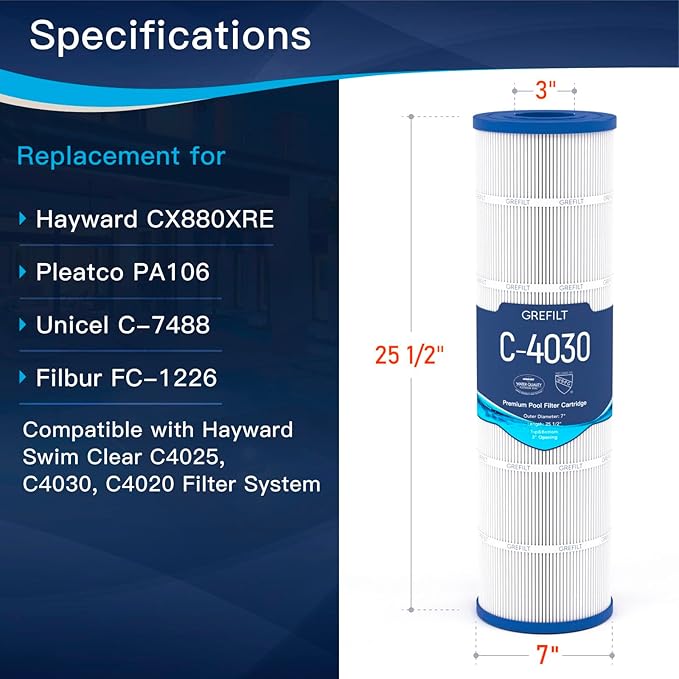 4-Pack C4030 Pool Filter Cartridges, Compatible with Hayward SwimClear C4030, C4025, C4020, Replaces Pleatco PA106, Hayward CX880XRE, Unicel C-7488, 425 sq.ft