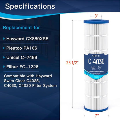 4-Pack C4030 Pool Filter Cartridges, Compatible with Hayward SwimClear C4030, C4025, C4020, Replaces Pleatco PA106, Hayward CX880XRE, Unicel C-7488, 425 sq.ft