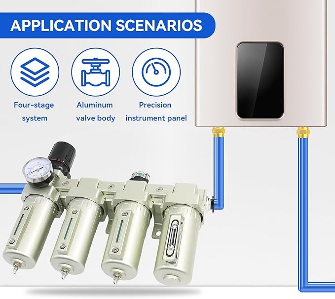 1/2" NPT Industrial Grade 4 Stage Air-Dryer-for-Compressor, Air-Compressor-Water-Separator-System for Plasma Cutter and Paint Spray, 3Filter&1Dryer System,Manual Drain