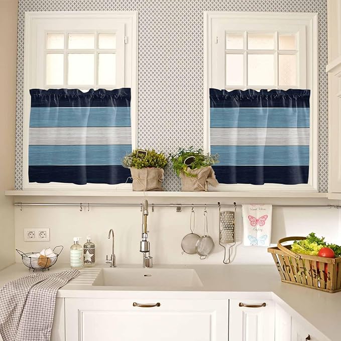 Vintage Country Woodcuts Window Valance Curtains, Blue Gradient Striped Light Filtering Kitchen Valance with 3-inch Rod Pocket for Living Room Bathroom Bedroom,2 Panel,27.5x24In