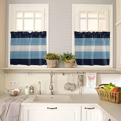 Vintage Country Woodcuts Window Valance Curtains, Blue Gradient Striped Light Filtering Kitchen Valance with 3-inch Rod Pocket for Living Room Bathroom Bedroom,2 Panel,27.5x24In