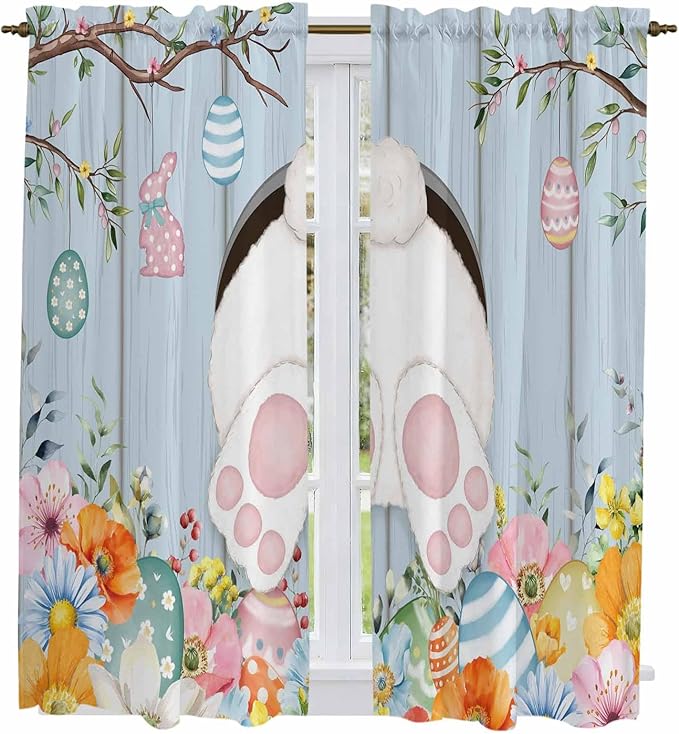 Easter Window Curtains 63 Inch Long 2 Panel Set, Rod Pocket Bedroom Curtains & Drapes, Spring Watercolor Bunny Eggs Flower Wood Grain Blue Light Filtering Window Treatment for Living Room 42"W x 63"L