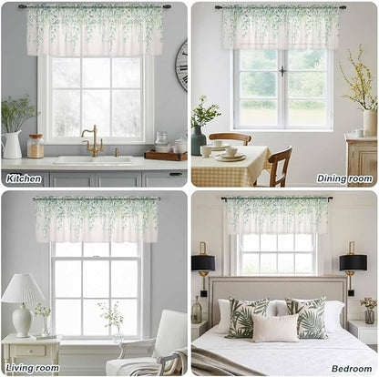 Green Leaf Sheer Valance Curtains, Eucalyptus Leaves Vintage Linen Texture Spring Plant Light Filtering Kitchen Valances Rod Pocket Voile Curtain Treatment for Bedroom/Living Room/Basement 42Wx18L