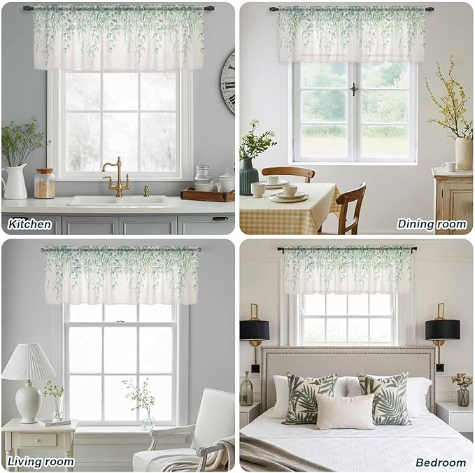 Green Leaf Sheer Valance Curtains, Eucalyptus Leaves Vintage Linen Texture Spring Plant Light Filtering Kitchen Valances Rod Pocket Voile Curtain Treatment for Bedroom/Living Room/Basement 42Wx12L
