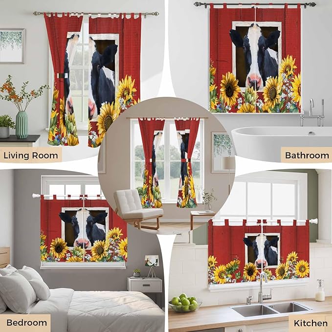 Cow Sunflowers Living Room Curtains 84 Inch Length, Window Curtains Tab Top, Botanical Floral Leaves Bees Farm Barn Light Filtering Window Treatments Drapes 52"x84" 2 Panel