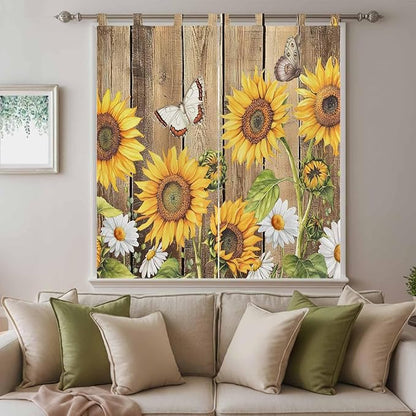 Farmhouse Sunflowers Bedroom Curtains 72 Inch Length, Window Curtains Tab Top, Rustic Floral Buttterfly Wood Board Brown Light Filtering Window Treatments Drapes 52"x72" 2 Panel