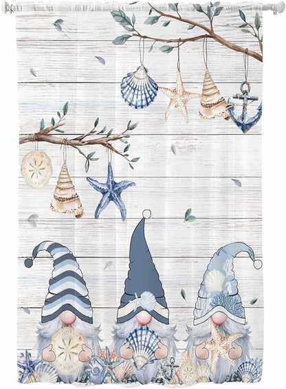 Sheer Curtains 63 Inch Length, Coastal Eucalyptus Semi Sheer Curtains Light Filtering Window Treatment, Ocean Blue Gnomes Starfish Leaf Wood Grain Privacy Voile Drapes for Living Room 52x63 Inch