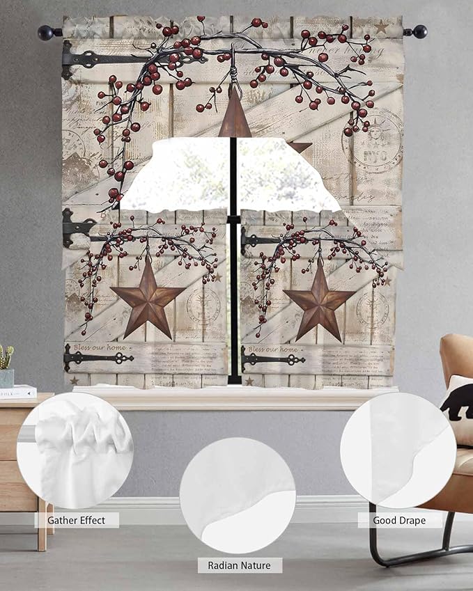 Village Stars Swag Kitchen Curtains Valance and Tier Set, Vintage Rust Yellow Star Berry Beige Barn Doors Light-Filtering Swag Valance 24 Inch Length, Rod Pocket Short Curtain for Bedroom Cafe