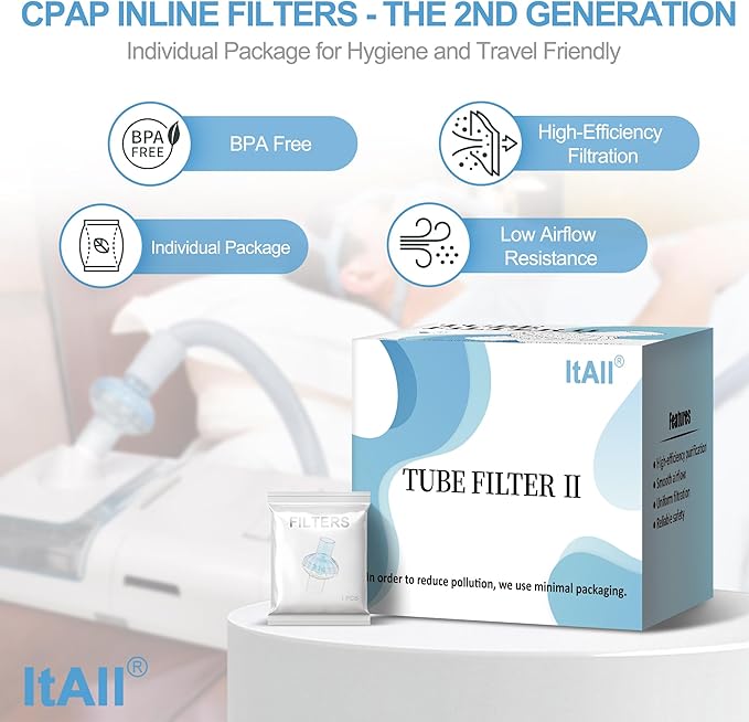 6PCs CPAP Filters for CPAP & BiPAP, Redesigned Inline Filters Without Airflow Resistance, Improved Filtration Efficency Providing Cleaner Airflow, Compatible with Most CPAP Tubing & Machines