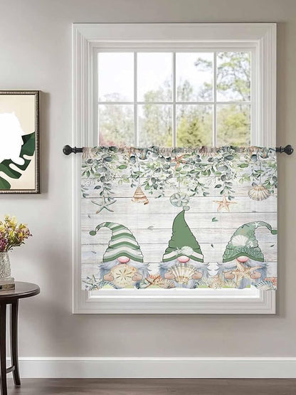Sheer Curtains 45 Inch Length, Coastal Eucalyptus Leaf Semi Sheer Curtains Light Filtering Window Treatment, Sage Green Gnomes Starfish Privacy Voile Drapes for Living Room Bedroom 52x45 Inch