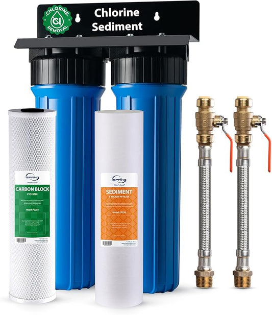 iSpring WGB22B+AHPF12MNPT16X2 2-Stage Whole House Water Filter System, Reduces Chlorine, Sediment Water Filtration System for Home w/ 3/4'' Braided Stainless Steel Hose Connectors and Ball Valve