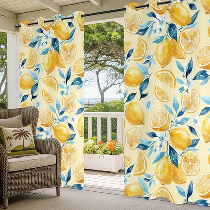 Lemon Outdoor Curtains for Patio Lemon Leaves Summer Plants Begin Waterproof Outside Curtains with Grommet Top Weatherproof Curtain for Cabana Pergola Gazebo, 2 Pack, 54" W x 95" L