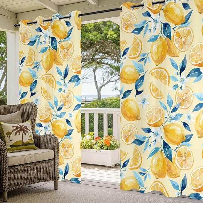 Lemon Outdoor Curtains for Patio Lemon Leaves Summer Plants Begin Waterproof Outside Curtains with Grommet Top Weatherproof Curtain for Cabana Pergola Gazebo, 2 Pack, 54" W x 84" L