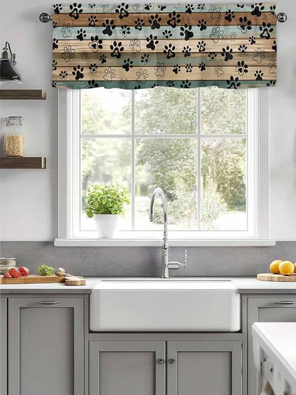Dog Paws Valance Curtains for Kitchen, Teal Brown Wood Grain Privacy Rod Pocket Valance Curtain, Light-Filtering Window Treatment for Bedroom Bathroom, 42"x12"