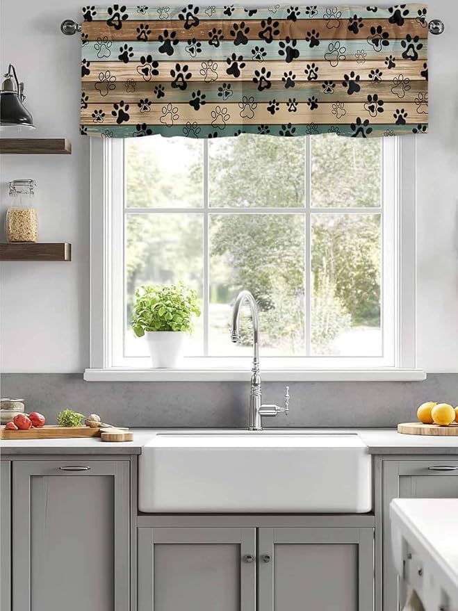 Dog Paws Valance Curtains for Kitchen, Teal Brown Wood Grain Privacy Rod Pocket Valance Curtain, Light-Filtering Window Treatment for Bedroom Bathroom, 54"x18"