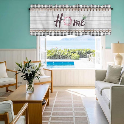 Spring Flowers Curtain Valances for Windows, Kitchen Valance Window Treatment, Farmhouse Watercolor Black Plaid Wood Grain Light Filtering Block Curtains for Bathroom/Bedroom/Living Room 60'' x 18''