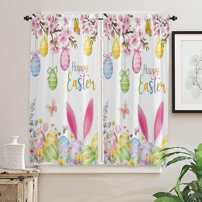 Happy Easter Bedroom Curtains 63 Inches length, Spring Watercolor Bunny Eggs Flower Branch Window Treatment Curtain Drapes, Rod Pocket Curtain Panels for Living Room Kitchen, 42"x63", 2 Panels