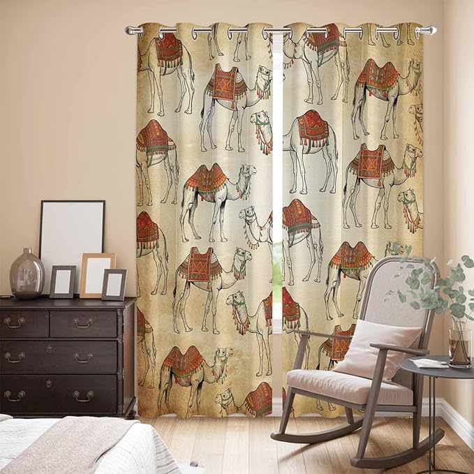 2 Panel Kitchen Cafe Curtains, Desert Sand Camel Sunlight Filtering Nature Air Through, Home Decor Window Covering Tier Curtains for Living Room 104W x 90L inch Summer Tropical Animals Vintage Beige