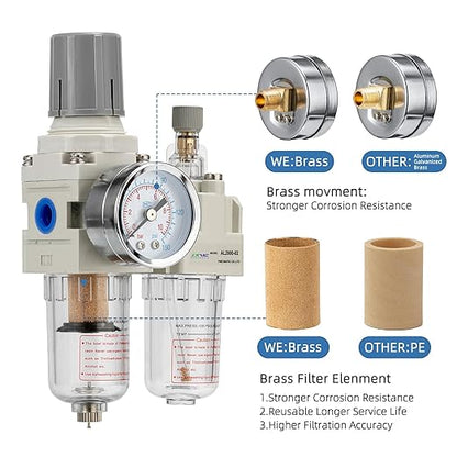 1/4" NPT Compressed Air Filter Regulator Lubricator Combination Water/Oil Trap Separator - Specifications (0-150 psi),5 Micron Brass Element,polyethylene Bowl,Manual Drain,Bracket