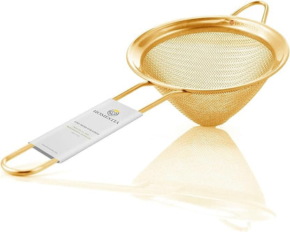 Homestia Fine Mesh Strainer for Kitchen, 304 Stainless Steel Sieve Sifters Cocktail Strainer for Food, Tea, Oil, Noodles, Coffee, Juice, Flour, Fruits, Vegetables - Easy to Clean Drink Strainer (Gold)