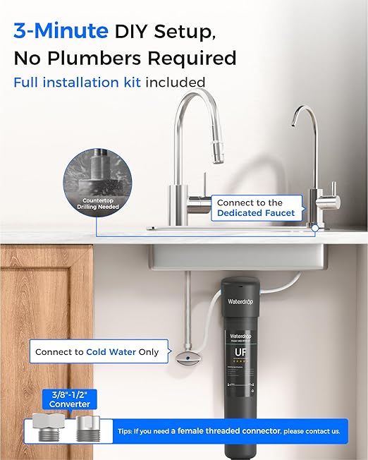 Waterdrop 15UB-UF 0.01 μm Ultra Filtration Under Sink Water Filter System, Reduces Lead, Chlorine, Bad Taste & Odor, 2 Years, with Dedicated Brushed Nickel Faucet, USA Tech